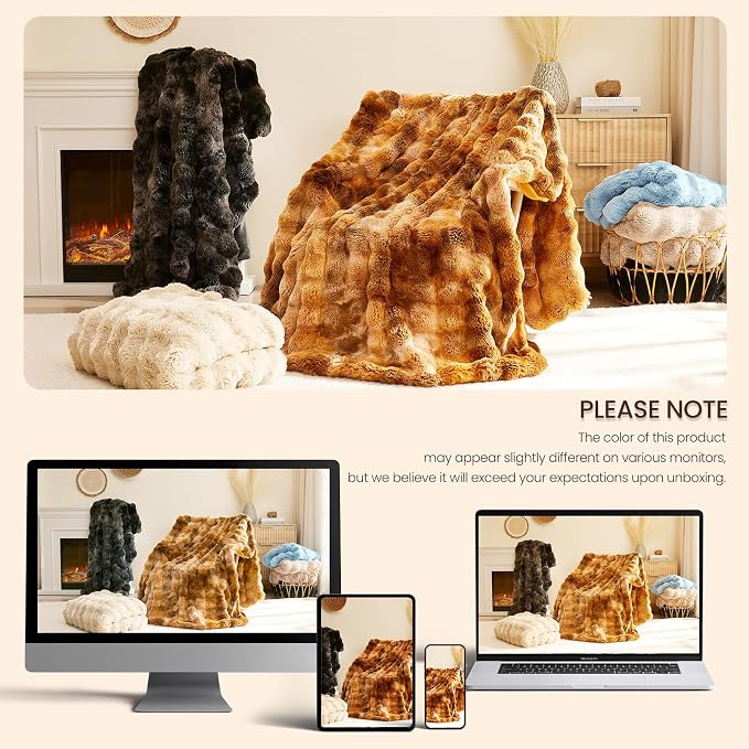 L'AGRATY Faux Rabbit Fur Throw Blanket for Couch, 90'' x 90'', Black | Soft Cozy Bubble Fluffy Blanket for Sofa Bed, Thick Warm Plush Fuzzy Throw for Room Home Decor, Luxury Gift for Women Mom