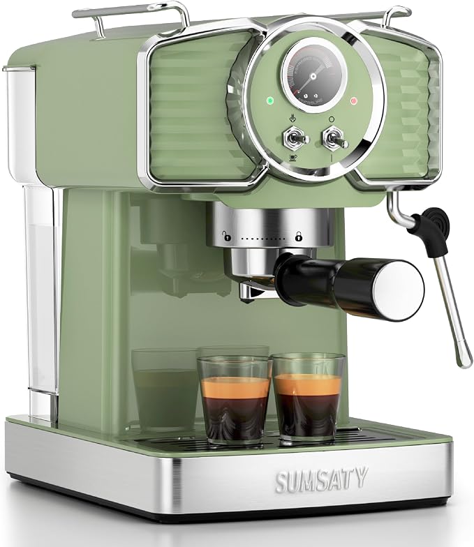 SUMSATY 20 Bar Espresso Machine Retro with Powerful Milk Frother, Green | Visual Pressure Gauge Espresso Coffee Machine 1350W Fast Heating Home Barista for Cappucino Latte Maker, 61oz Water Tank