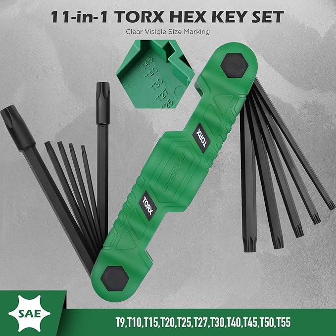 11-Piece Large Folding Torx Key Set (T9–T55), Heavy Duty Folding Star Wrench Set, Portable Compact Tool for Archery, Bike Repair, Furniture, and Basic Home Maintenance(Green)