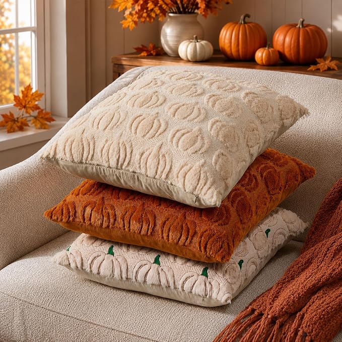 DFXSZ Fall Pillow Covers 16x16 2Pcs Beige Pumpkin Fall Decorations for Home | Fall decor Set of 2 Throw Pillow Cases Soft Plush Faux Fur Wool Couch Cushion for Chair Sofa Bedroom Living Room Home Decor