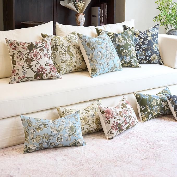 Neutral Floral Pillow Cover 12x20, Vintage Linen Lumbar Pillow Cover Soft Decorative Farmhouse Accent Pillow Case for Couch Bedroom Living Room Home Decor, Beige