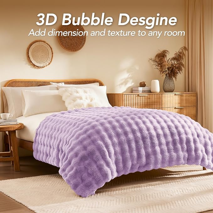 L'AGRATY Faux Rabbit Fur Throw Blanket for Couch, 60'' x 80'', Purple | Soft Cozy Bubble Fluffy Blanket for Sofa Bed, Thick Warm Plush Fuzzy Throw for Room Home Decor, Luxury Gift for Women Mom