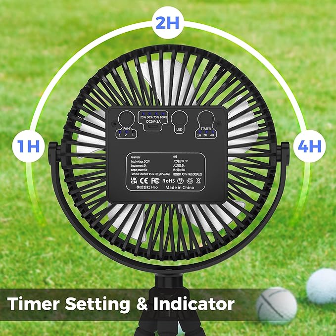 10000mAh Rechargeable Golf Cart Fan, 50H Run, Compatible with EZGO Club Car Yamaha, 7 inch Clip On Fan with Sturdy Tripod, 360° Pivot, 3 Speed & Timer, Cooling for Golf Cart Golf Palyer Essential