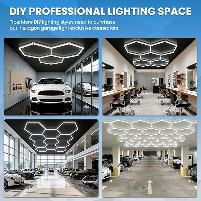 Hexagon Garage LED Ceiling Light 98W, 11700 Lumens, 6500K Ultra-Bright Expandable DIY Design Ideal for Auto Detailing, Workshops, Basements, Barber Shops, Gyms, and More (3 Pack)