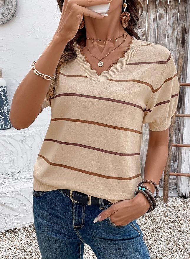 Dokotoo Womens Summer Short Sleeve Knit Tops 2026 Spring Trendy Casual V Neck Striped Sweater Blouses