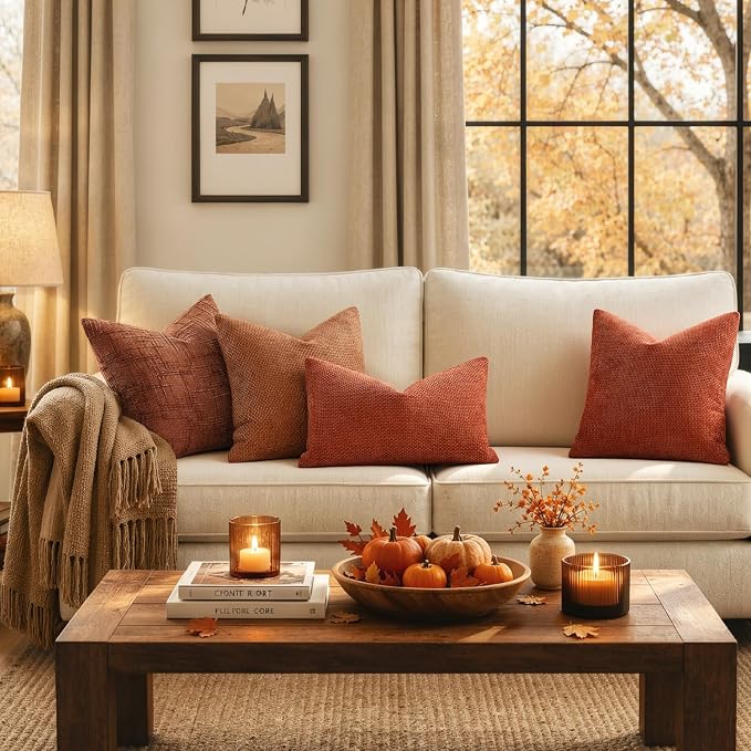MIULEE Fall Decorative Orange Couch Throw Pillow Covers 20x20 Inch 2 Pack | Modern Boho Accent, Soft Chenille Pillow Covers, Farmhouse Cushion Cases for Home Decor Bed Sofa Living Room