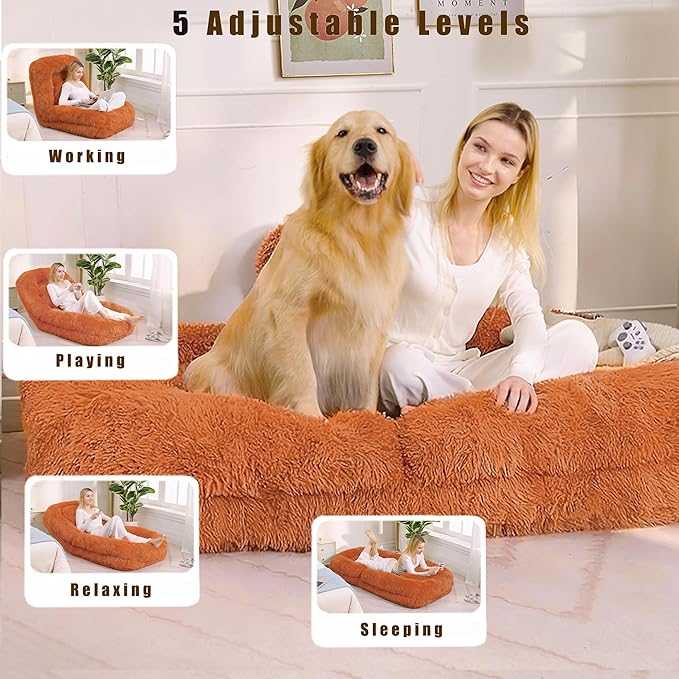 Human Dog Bed for Adult and Kids, Comfy Foldable Lazy Floor Sofa Bed with 5 Adjustable Position, Orange Upholstered Floor Bean Bag Lounger Chair for Bedroom, Living Room,Office (Orange)