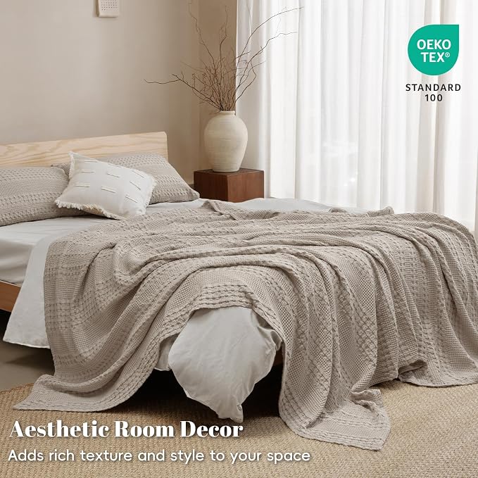 PHF 100% Cotton Waffle Weave Blanket King Size, Lightweight Breathable Summer Blanket for Hot Sleepers, Pre-Washed Soft Layer for Bed, Couch, Home Decor Gift, 108"x90", Pearl Gray