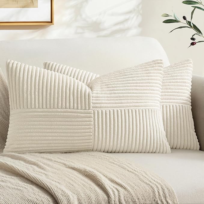 MIULEE Cream White Decorative Lumbar Throw Pillow Covers 12x20 Inch 2 Pack | Beige Neutral Boho Farmhouse Pillow Covers, Soft Cross Corduroy Patchwork Textured Cushion Cases For Couch Sofa Bed