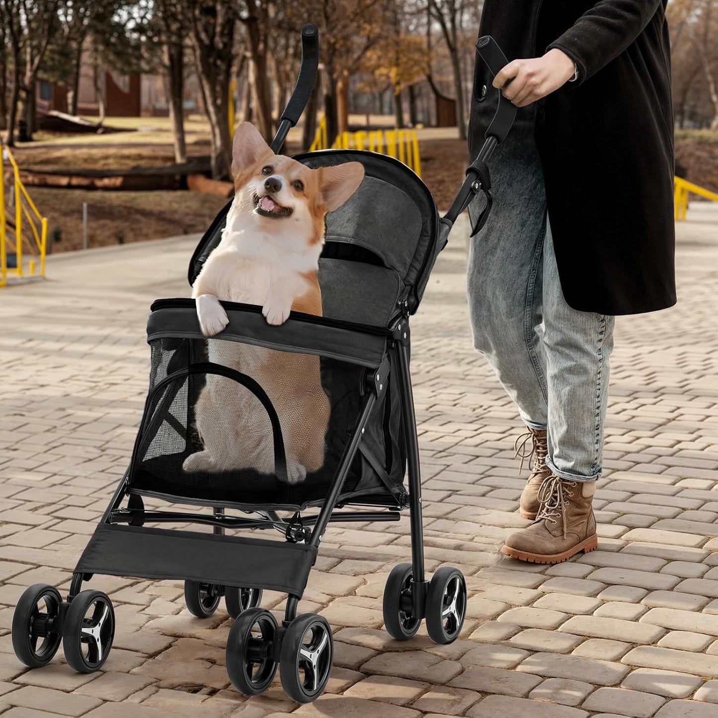MoNiBloom 4 Wheels Pet Stroller, Easy-Fold Puppy Cage Jogger Stroller with Sun Cover, Pad and Rear Storage Bag, Breathable and Visible Mesh for Small/Medium Pets up to 22 lbs, Black