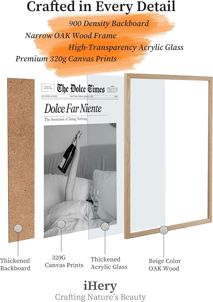 iHery 12x16in Dolce Far Niente Framed Newspaper Wall Art | Natural OAK Wood Frame with Canvas Print, The Sweetness of Doing Nothing Decor for Bedroom, Living Room and Dorm, 1Pack