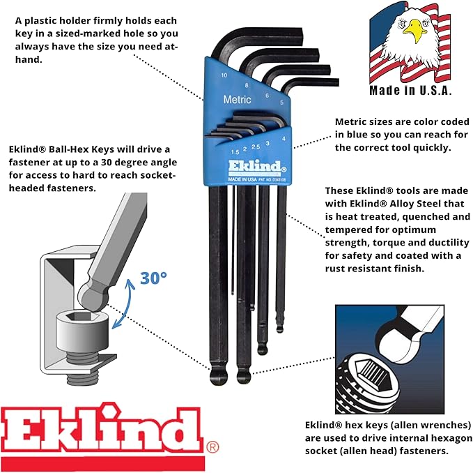 EKLIND 13609 Ball-Hex-L Key allen wrench - 9pc set Metric MM sizes 1.5-10 Long series