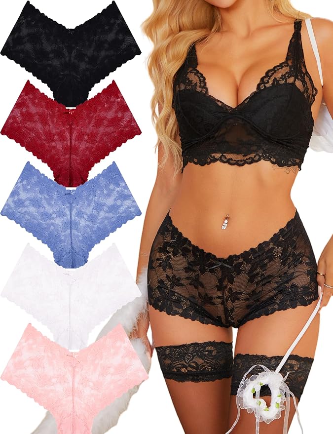 Take Talk Sexy Lace Underwear Panties Lingerie Gift for Women Wife 5 Pack Soft Cheeky Boy shorts Plus Size Underwear Women