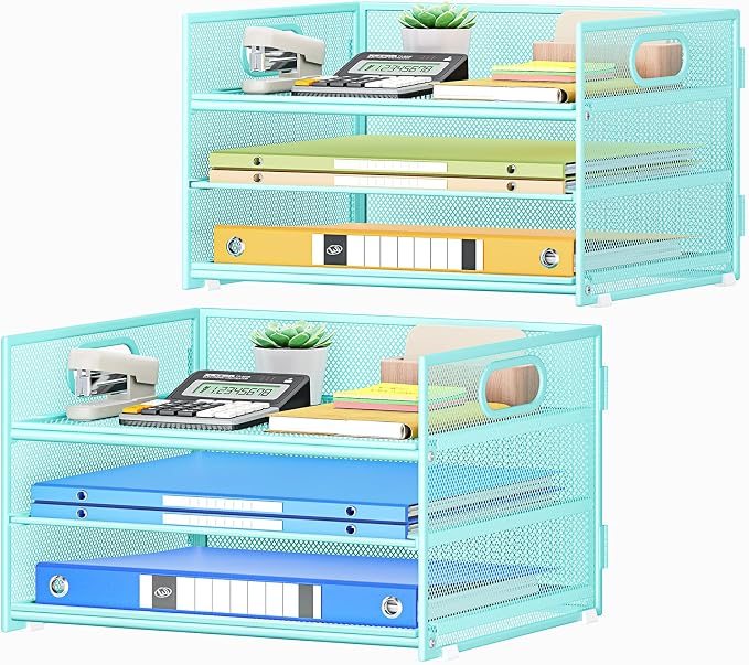 Subekyu 2-Pack 3-Tier Blue Metal Mesh Desk Paper Letter Tray & File Sorter Organizer with Handle + 1 Sliding Tray for Desk, Home, Office, School Supplies, A4 Paper and Accessories Storage