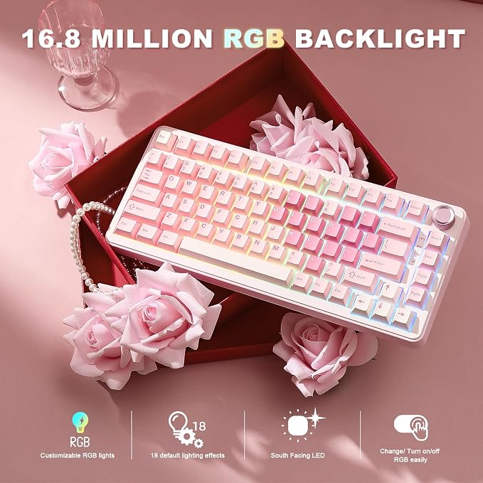 YUNZII B75 PRO 75% Wireless Mechanical Keyboard (Pink, Cocoa Cream V2) | Hot Swap Keyboard with Knob, Gasket Mount, Creamy Pre-lubed Switch for Smooth Typing, BT/USB-C/2.4G, for Gaming