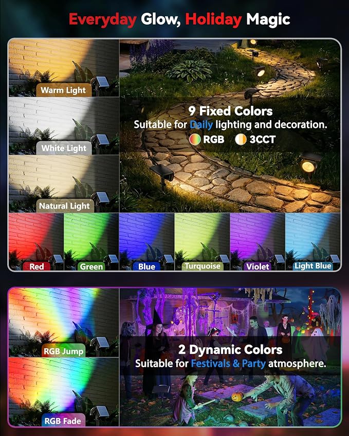 Focusing Solar Spot Lights Outdoor Waterproof, RGB+3CCT Tree Uplights 4Pack | Multicolor Focused Lens Spotlight, Dusk-to-dawn Light, Stake or Wall Mounting for Yard Landscape Garden Path Halloween Decor