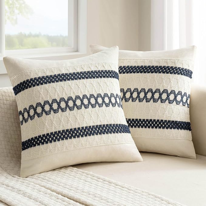 MIULEE Set of 2 Navy Blue Boho Decorative Pillow Covers 18x18 Inch | Farmhouse Couch Throw Pillows, Modern Coastal, Cotton Cushion Covers, Macrame Woven Home Decor for Bed Sofa Chair