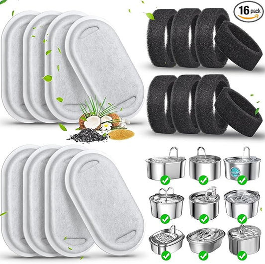 Cat Water Fountain Filters-8 Pack Replacement Filters & 8 Pack Replacement Pre-Filter Sponges Set for Stainless Steel 108/3.2L& 67oz/2L Adjustable Water Flow Pet Water Fountain