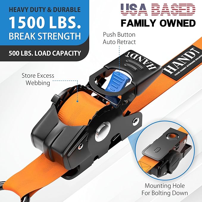 HandT USA Based Retractable Ratchet Straps (2PK) 1in x 6ft - 1,500lb Break Strength, Heavy Duty Automatic Ratchet Straps Self Retractable Tie Down, Push Button Retracting Truck Trailer Cargo | Orange