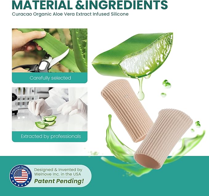 Welnove Toe Caps and Protectors - 16 Pack Aloe Vera Extract Infused Silicone Toe Sleeve - Fabric Toe Covers with Gel Lining - Toe Cushions for Pain Relief, Corns, Blisters & Ingrown Toenails