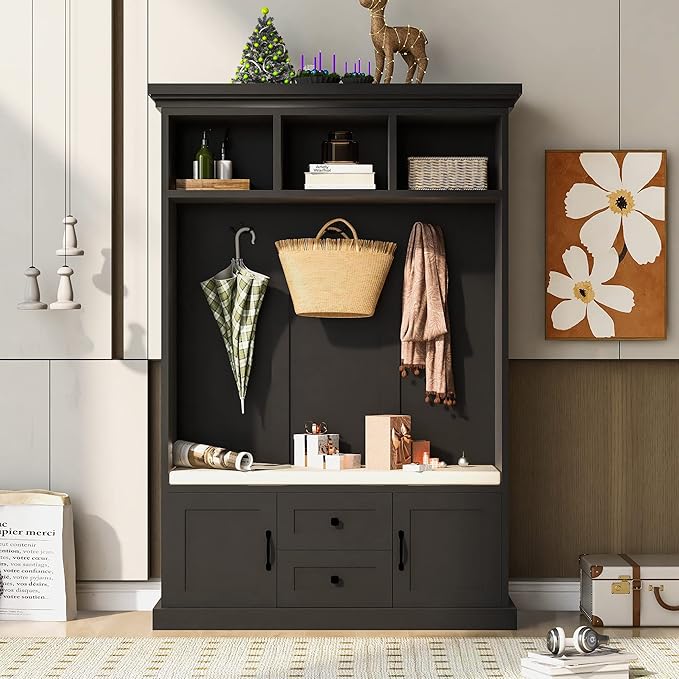 RUNNA Delicate 3-in-1 Hall Tree with 2 Cabinet and 2 Drawers,3 Open Shelves and 3 Hooks,Coat Hanger and Storage Bench,for Livingroom Hallway Entryway Use (Black#H-)