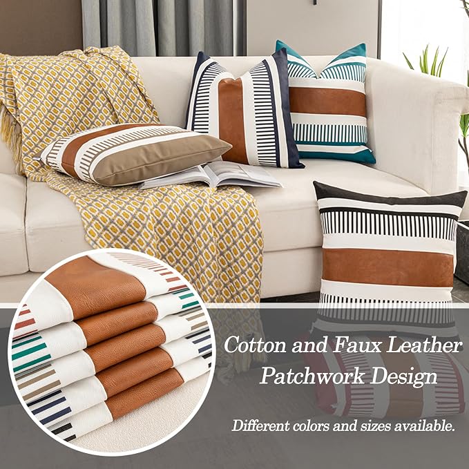 Set of 2 Navy Blue and White Boho Throw Pillow Cover, Faux Leather Modern Couch Pillow Covers 22x22 inch Farmhouse Stripe Pillowcase for Sofa Bedroom Living Room