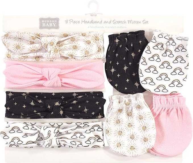 Hudson Baby baby-girls Cotton Headband and Scratch Mitten Set