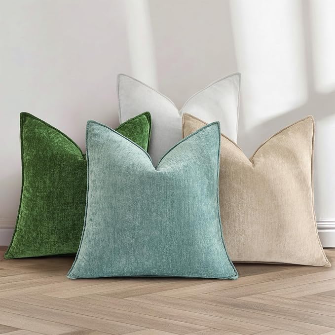 decorUhome Chenille Moss Green Velvet Throw Pillow Covers 26x26 Set of 2 | Fall Soft Euro Sham Couch Decorative Modern Farmhouse Pillow Cases with Elegant Design for Sofa Bed Living Room Home Decor