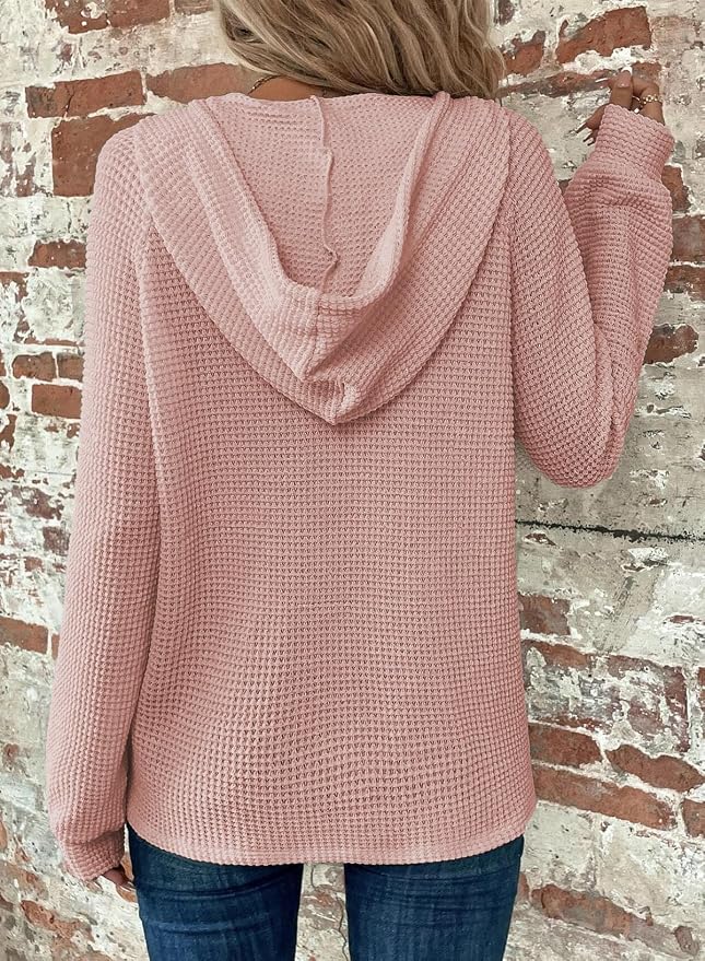 Dokotoo Hoodies for Women Waffle Knit Long Sleeve Drawstring Button V Neck Casual Sweatshirt Hooded Tops Fashion Clothing