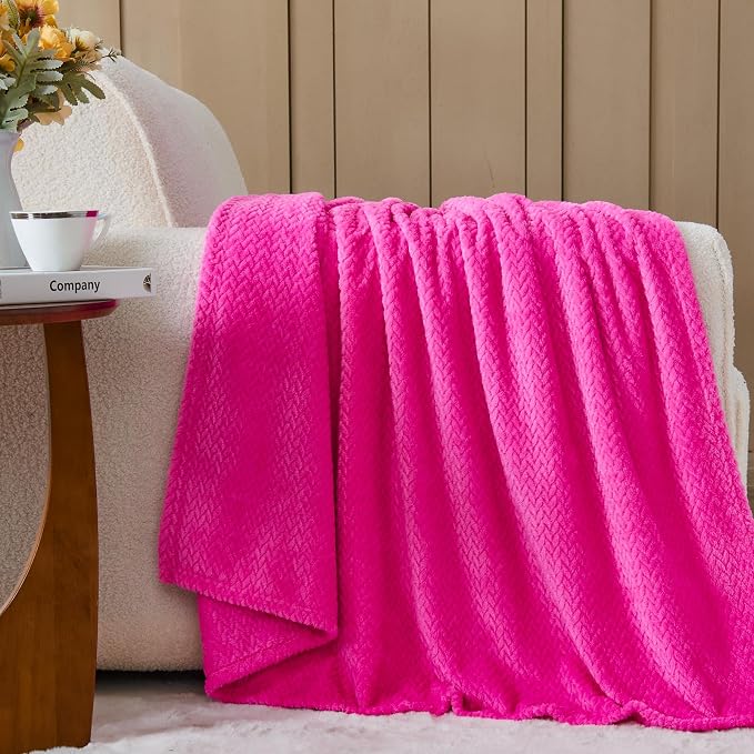 NEWCOSPLAY Fleece Leaves Pattern Queen Blanket, Hot Pink, 90"x90" | Super Soft Throw Blanket, Lightweight Cozy Bed Sofa Blanket, Premium Silky Flannel Fleece, Travel Blanket for All Season Use