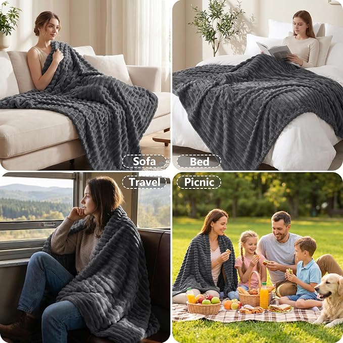 Dark Gray Throw Blanket for Couch & Bed, 50 x 60 Inch | 300GSM Ribbed Fleece Blanket, Soft, Cozy & Lightweight, OEKO-TEX Certified, All-Season Use for Travel, Dorm & Home Decor
