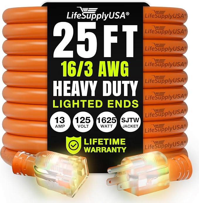 25ft Outdoor/Indoor Extension Cord 16/3 Gauge Heavy Duty 3 Prong SJTW, Waterproof, Flexible Cold-Resistant Long Power Cord,13A 125V 1625W, Orange by LifeSupplyUSA