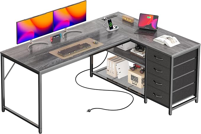 PRAISUN 53" L Shaped Desk with Power Outlets & USB-C Port, Reversible Computer Corner Office Desk with 4 Fabric Drawers and 2 Storage Shelves, Large Desk for Gaming Writing Work Study, Grey