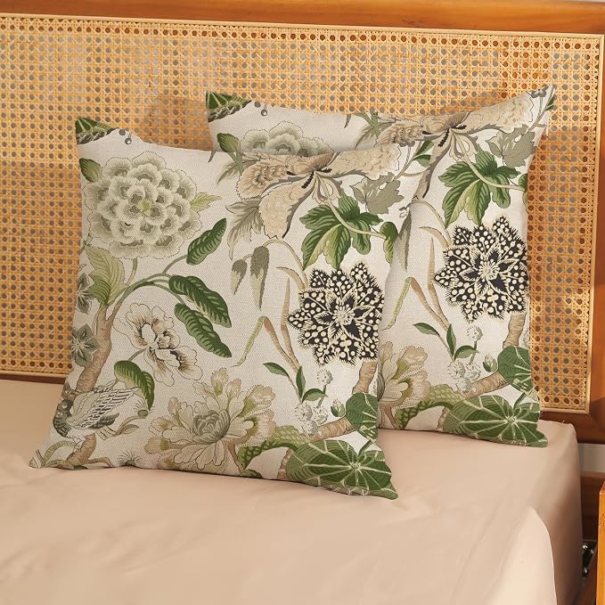 Green Pillow Covers 16x16 Inch Set of 2 Vintage Green Floral Throw Pillows Chinoiserie Flower Decorative Pillow Cases Outdoor Linen Farmhouse Cushion Covers for Couch Sofa Decorations