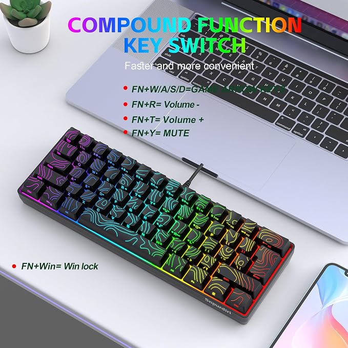 Snpurdiri 60% Wired Gaming Keyboard 61 Keys RGB (Contour Line-Black) | Backlit Small Gaming Keyboard Ultra-Compact for PC/Mac Gamer, Typist, Travel, Easy to Carry on Business Trip