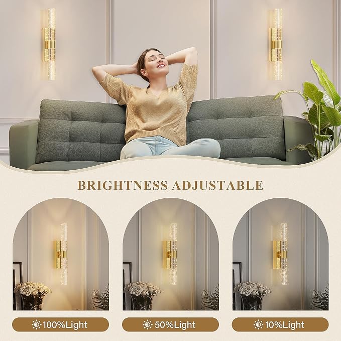 camuucci Battery Operated Wall Sconces Set of 2, Rechargeable Wall Lights | 12000mAh Long-Lasting Battery,Dimmable Cordless Sconce,No Wiring Needed for Bedroom,Living Room,Gold 15.3-Inch