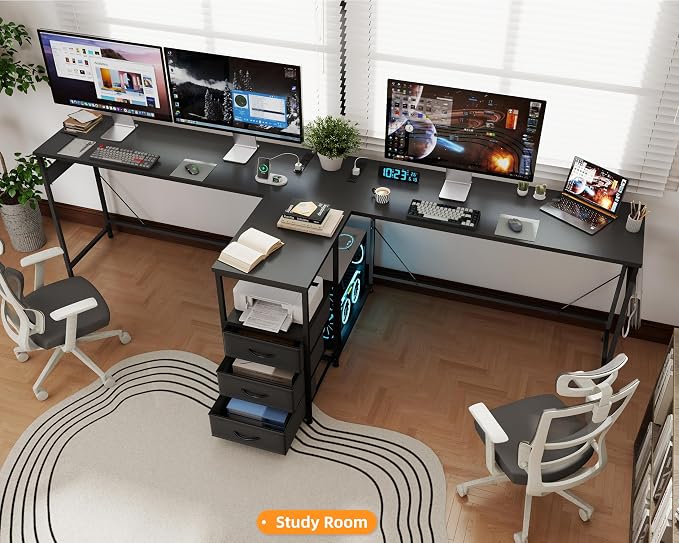 YOSHOOT 2 Person Computer Desk, 87" Long Gaming Desk for 2 People | Double Desk with 3 Fabric Drawers and 2 Power Outlets, Home Office Table for Adults and Teenagers, Black