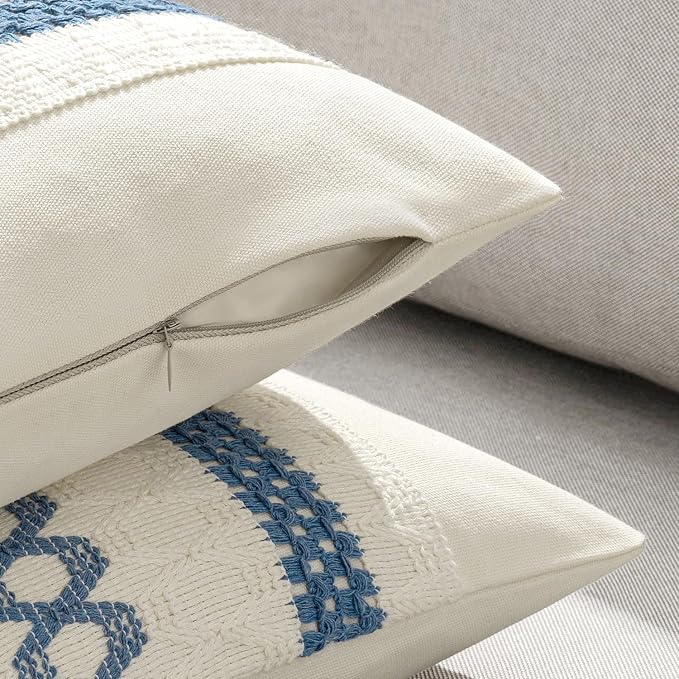 MIULEE Set of 2 Coastal Blue Boho Decorative Pillow Covers 18x18 Inch | Farmhouse Couch Throw Pillows, Modern Cotton Cushion Covers, Macrame Woven Spring Decor for Bed Sofa Chair
