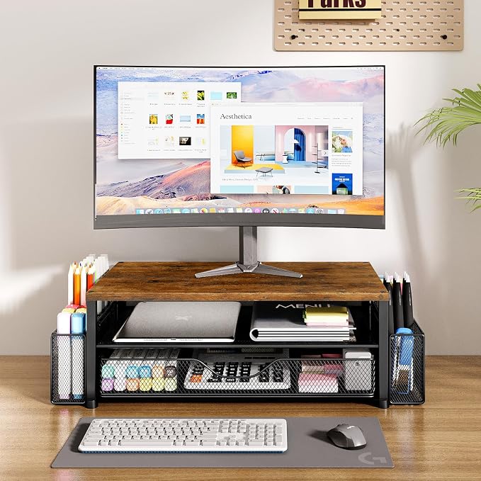 OPNICE Wood Desk Organizers and Accessories, 2-Tier Computer Monitor Stand Riser with Drawer and 2 Pen Holders, Laptop Stand, Office Desk Accessories for Office Supplies, Brown