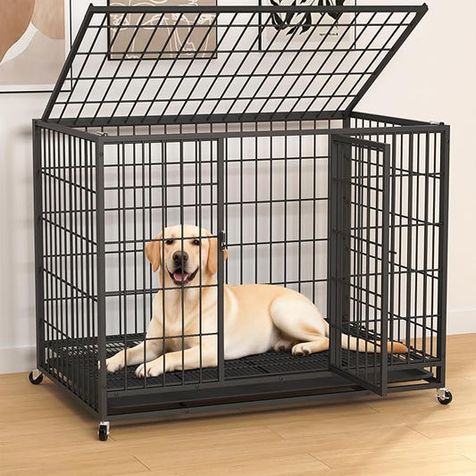 42 Inch Large Dog Crate, Escape Proof Dog Cage with Dual Door Lock and Swivel Casters,Removable Tray for Easy Cleaning, Dog Kennel Indoor Outdoor Use
