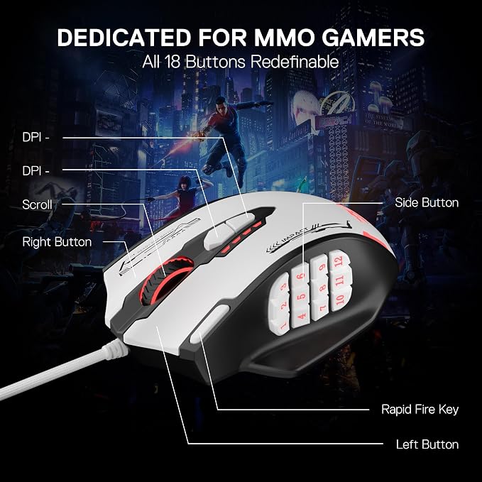 Redragon M908 Wired RGB MMO Gaming Mouse 24000 DPI Remapping Keys | Stable Lag-Free Connection, Redefine Keybinding Macro, Vibing Backlight, Ergonomic Grip Body Comfort