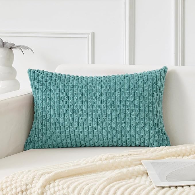 Kevin Textile Soft Corduroy 14"x24" Lumbar Pillow Cover 1 Pack, Aqua Green | Boho Stripe Plush Corduroy Decorative Oblong Cushion Cover Modern Farmhouse Home Decor for Sofa Couch Bed Chair