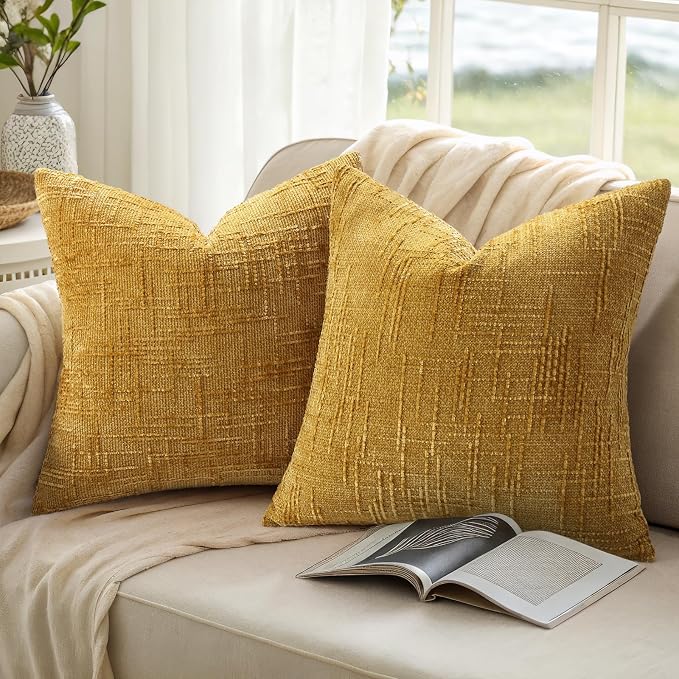 decorUhome Textured Chenille Throw Pillow Covers 26x26 Set of 2 Yellow | Fall Modern Farmhouse Soft Cozy Slubby Couch Pillow Cases Boho Decorative Pillow Cases for Bed Sofa Living Room Home Decor