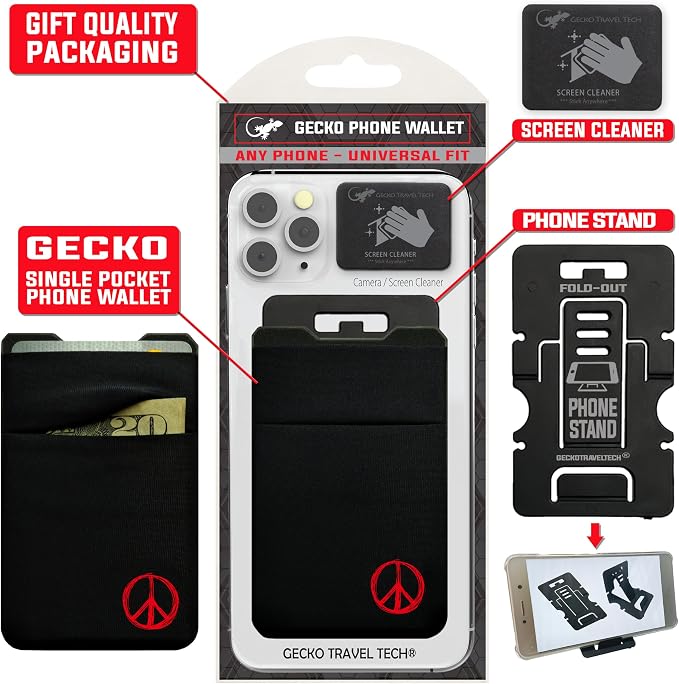 Gecko Travel Tech Double Pocket - Adhesive Card Holder - Cell Phone Pouch - Stick on Spandex Pocket - Carry Credit Cards and Cash (Peace)