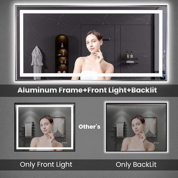 Amorho 48" X30" LED Bathroom Mirror, Brushed Nickel Framed Mirror with Front Light and Backlit, Stepless Dimmable, Anti-Fog, Shatter-Proof, Memory, 3 Colors Lighting