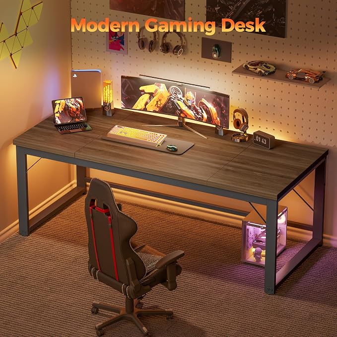Mericonia 63x28 Inch Computer Desk, 1" Thick Large Office Table, Walnut | Modern Simple Style, Heavy Duty Industrial Frame, Large Study & Writing Table for Home Bedroom Work