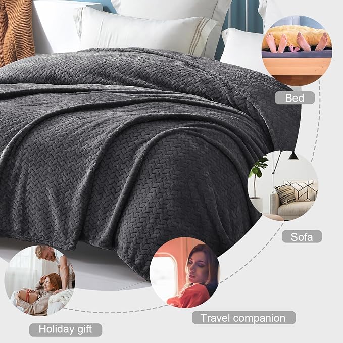 Exclusivo Mezcla Soft Fleece Bed Blanket King Size, 90”x104”, Dark Grey | Cozy Fluffy Lightweight Blankets for Summer, Decorative Plush Flannel Throws for Living room, Bedroom with Leaves Pattern