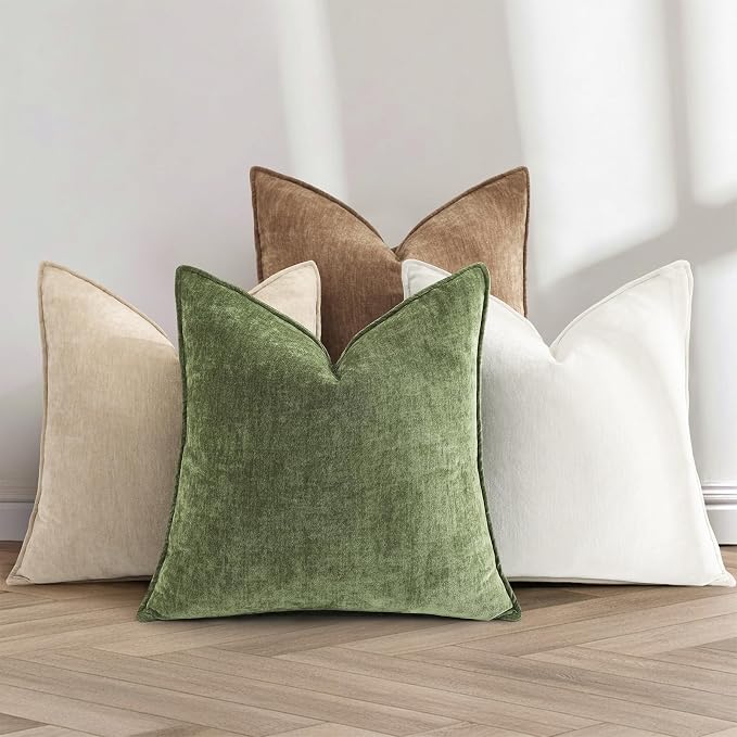 decorUhome Chenille Olive Green Velvet Throw Pillow Covers 16x16 Set of 2 | Fall Soft Couch Decorative Modern Farmhouse Pillow Cases with Elegant Design for Sofa Bed Living Room Home Decor
