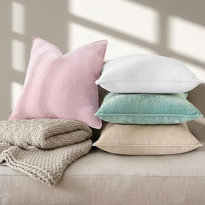 decorUhome Chenille Cream White Velvet Throw Pillow Covers 20x20 Set of 2 | Fall Soft Couch Decorative Modern Farmhouse Pillow Cases with Elegant Design for Sofa Bed Living Room Home Decor