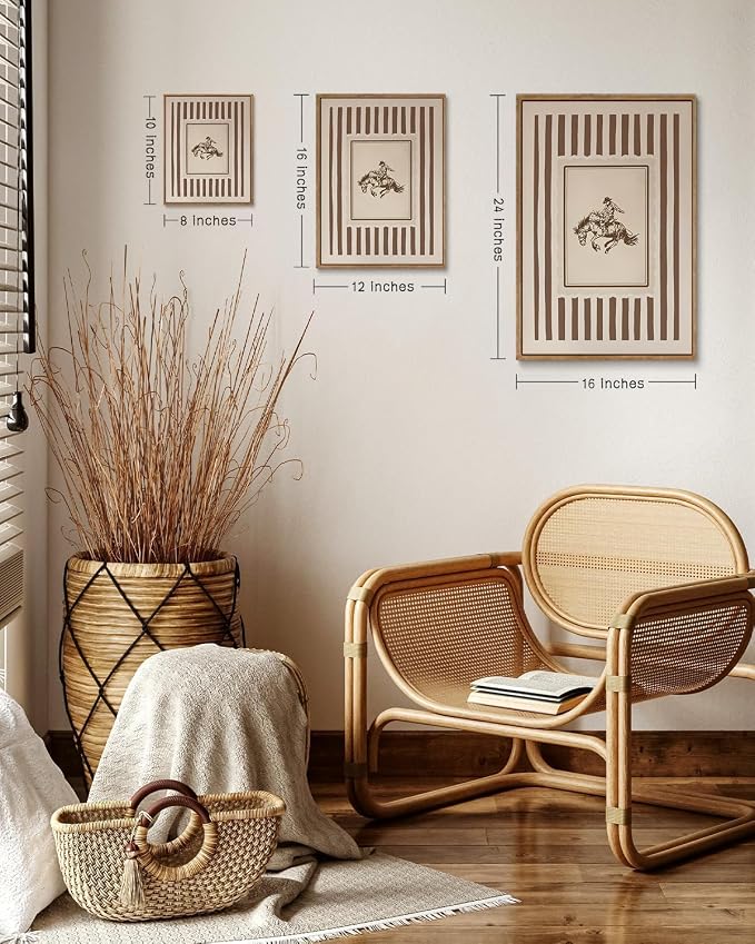 ZZLWBKGL Western Wall Decor Cowboy Canvas Art Vintage Framed Wall Art | Farmhouse Striped Painting Retro Nursery Artwork Mid Century Aesthetic for Living Room Bedroom 12x16in